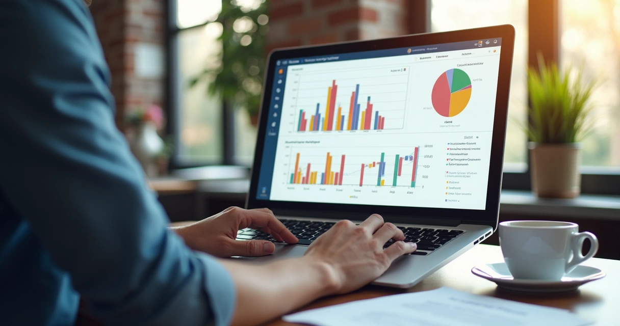 Segmentação de público em uma tela de computador, gráficos de barras coloridos ao redor. 