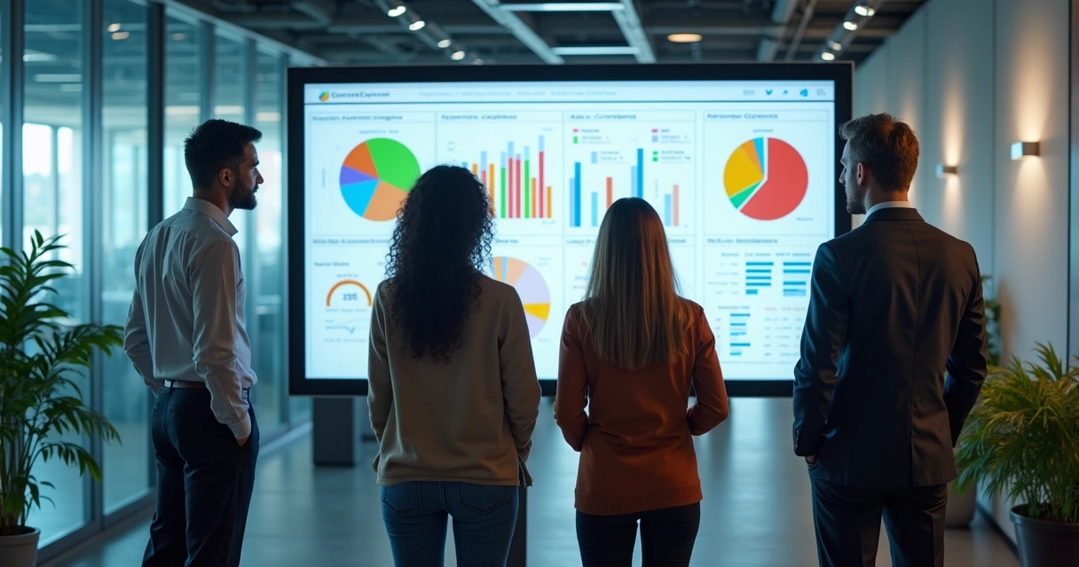 Equipe de marketing analisando dashboards e gráficos de segmentação