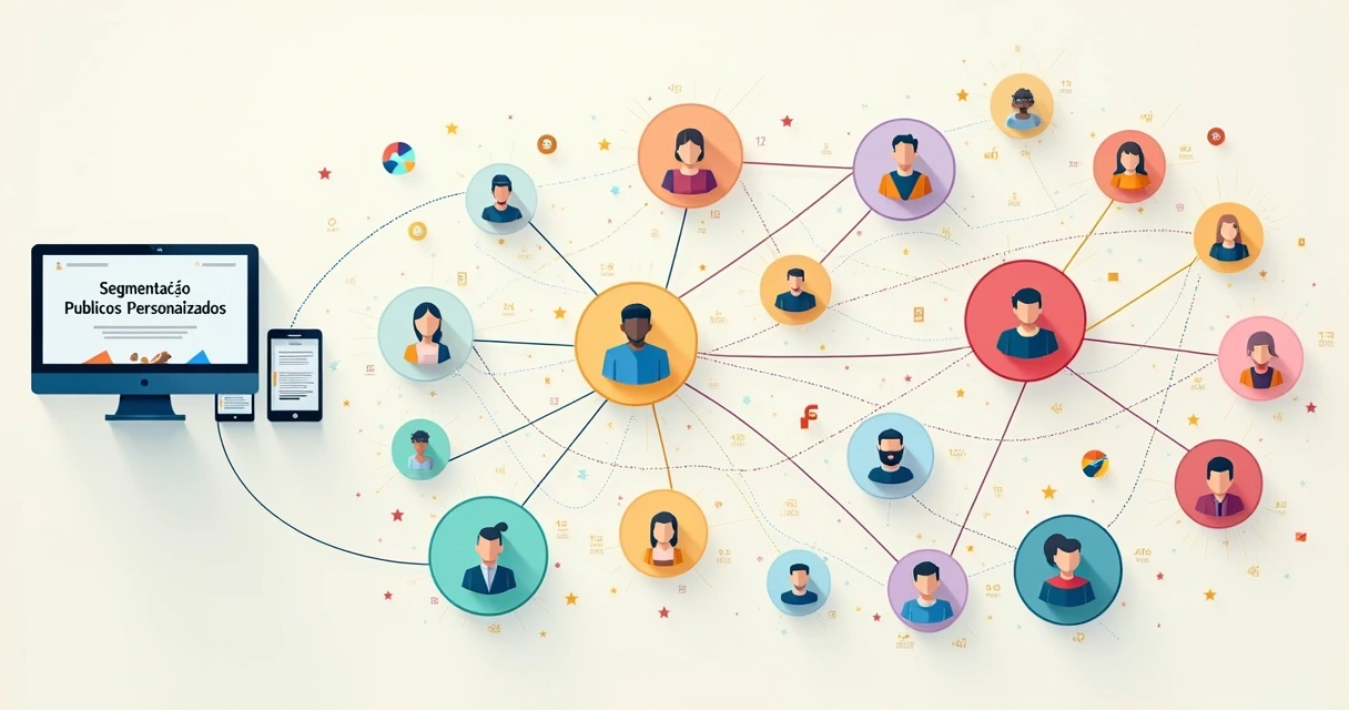 Diagrama digital mostrando diferentes públicos segmentados com ícones conectando dados, computadores e perfis digitais 