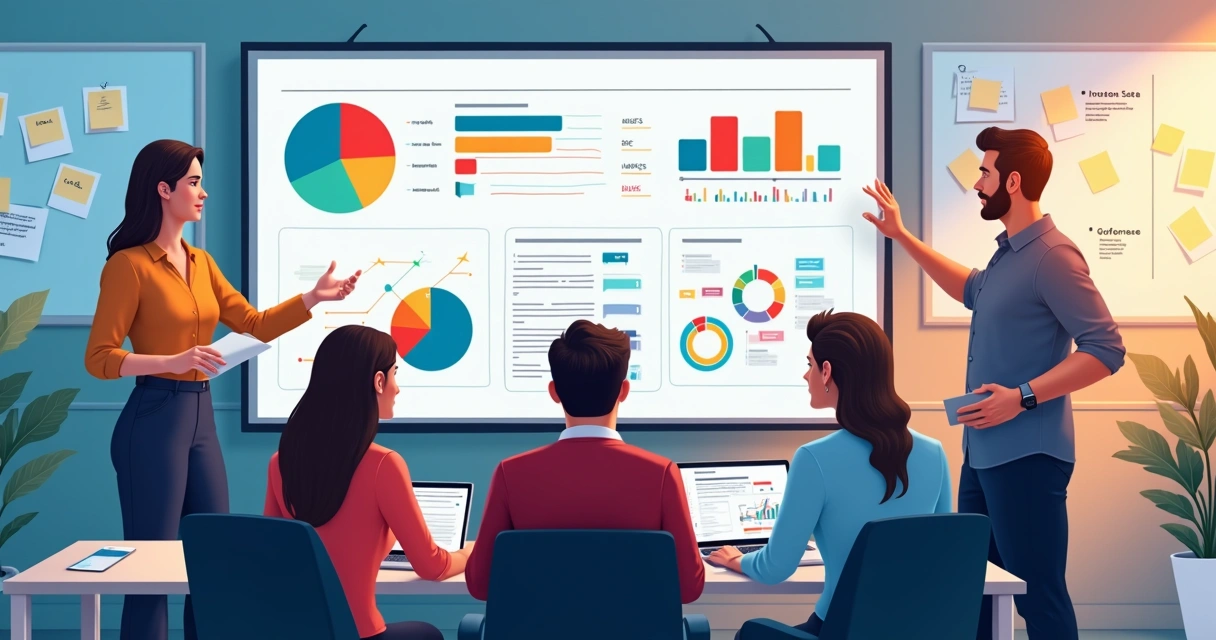 Equipe de marketing analisando dados demográficos de público-alvo em um monitor grande