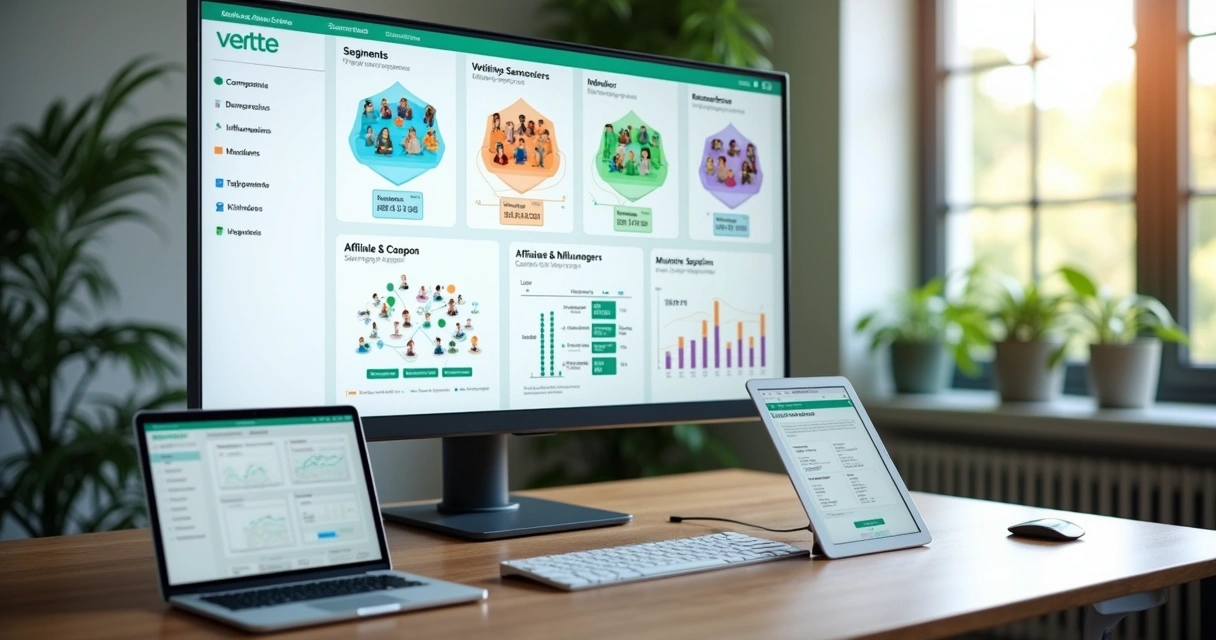 Dashboard de segmentação de público com gráficos e ícones de consumidores e influenciadores para ecommerce 