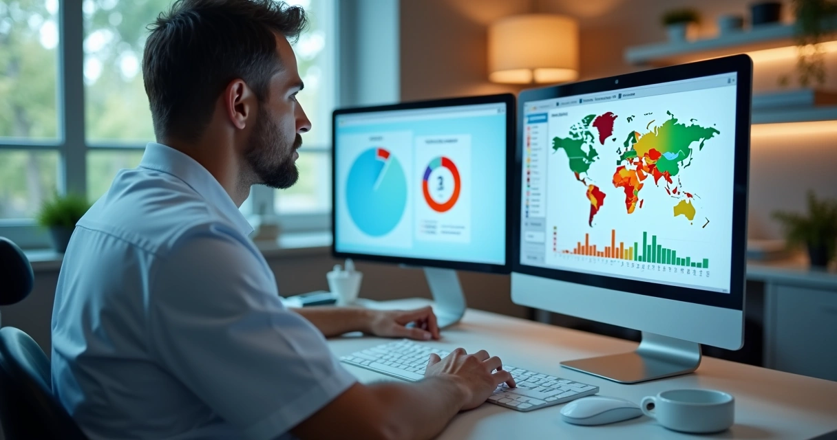 Dentista analisando segmentação digital em tela com mapa e gráficos 