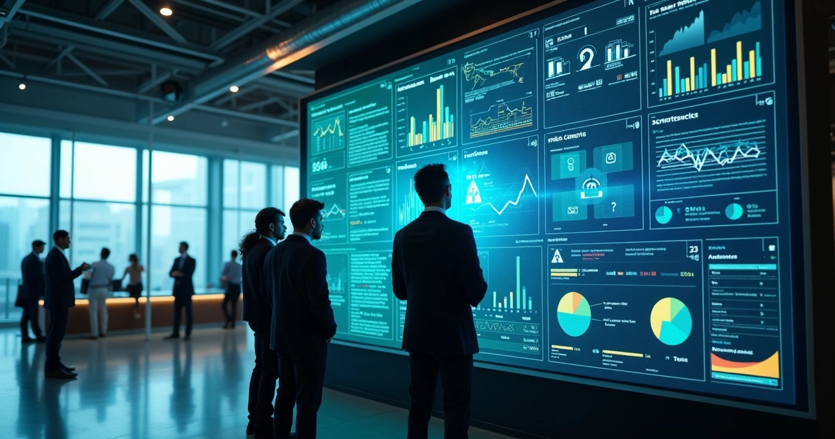 Profissionais analisam segmentação de público em painel digital grande 