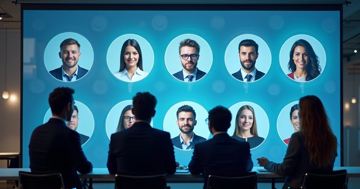 Equipe comercial analisando personas diferentes em uma tela digital 