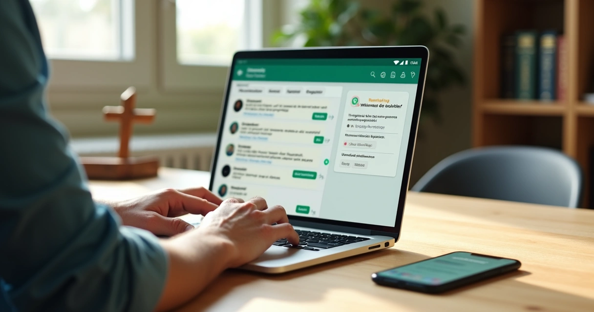 Pastor usando notebook com tela de WhatsApp exibindo listas segmentadas de membros da igreja 