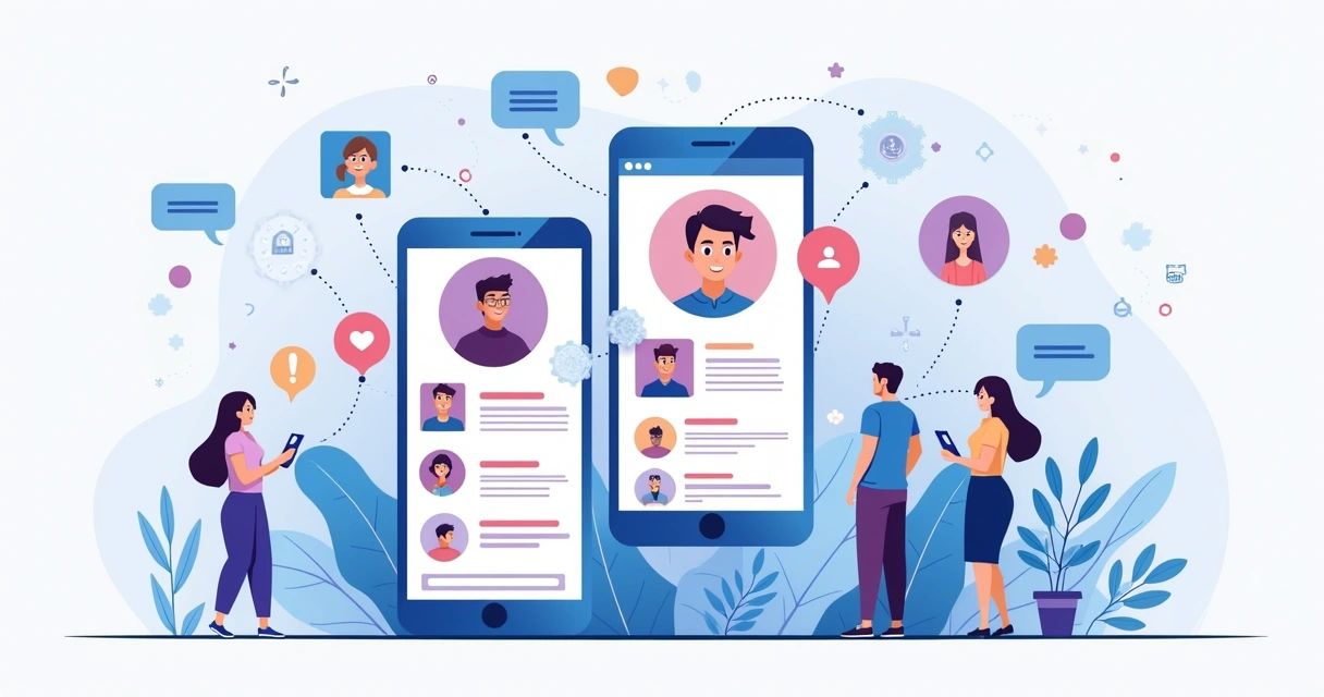 Segmentação de públicos em redes sociais com múltiplos perfis interagindo em smartphones 