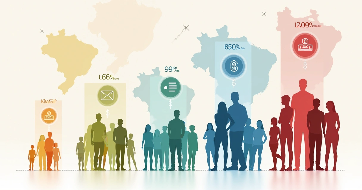 Infográfico colorido ilustrando segmentação de públicos por faixa etária, área e renda