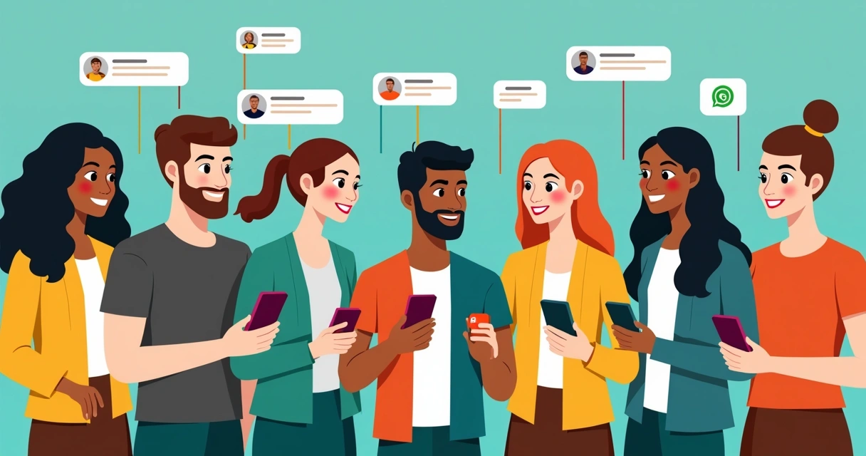 Representação de diferentes grupos de pessoas recebendo mensagens personalizadas no WhatsApp 