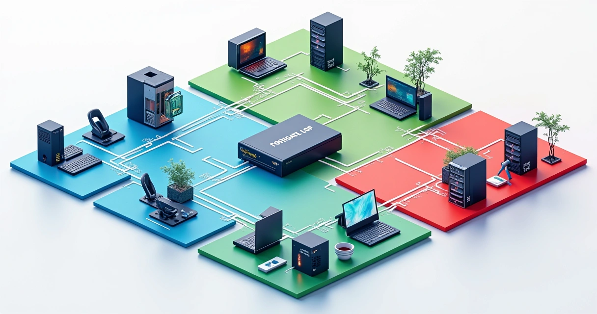 Rede corporativa segmentada visualmente em cores distintas por áreas de negócio