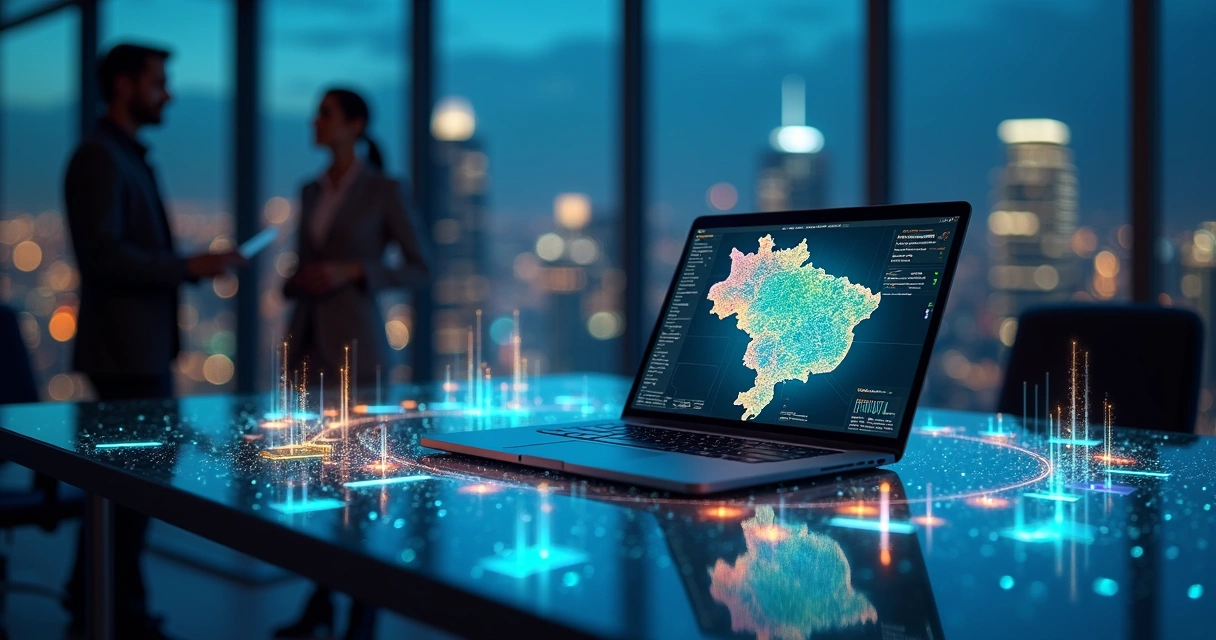 Mapa digital mostra segmentos de empresas conectados por linhas de tráfego 