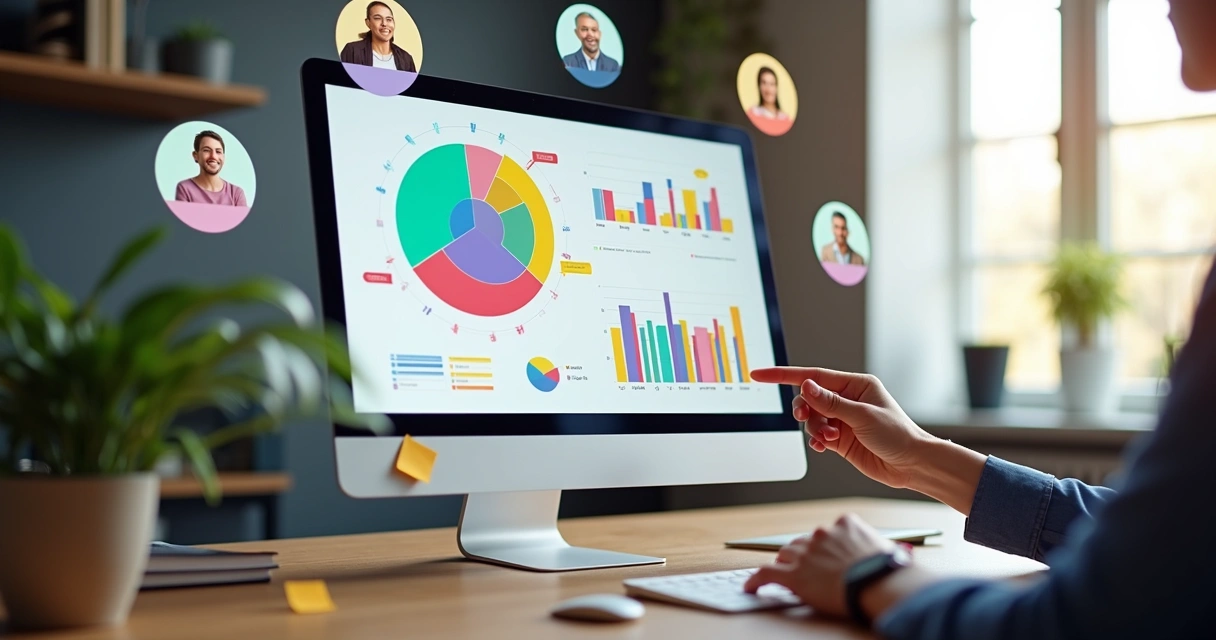 Visão superior de um monitor mostrando gráficos de segmentação e círculos coloridos com avatares de pessoas representando diferentes públicos 