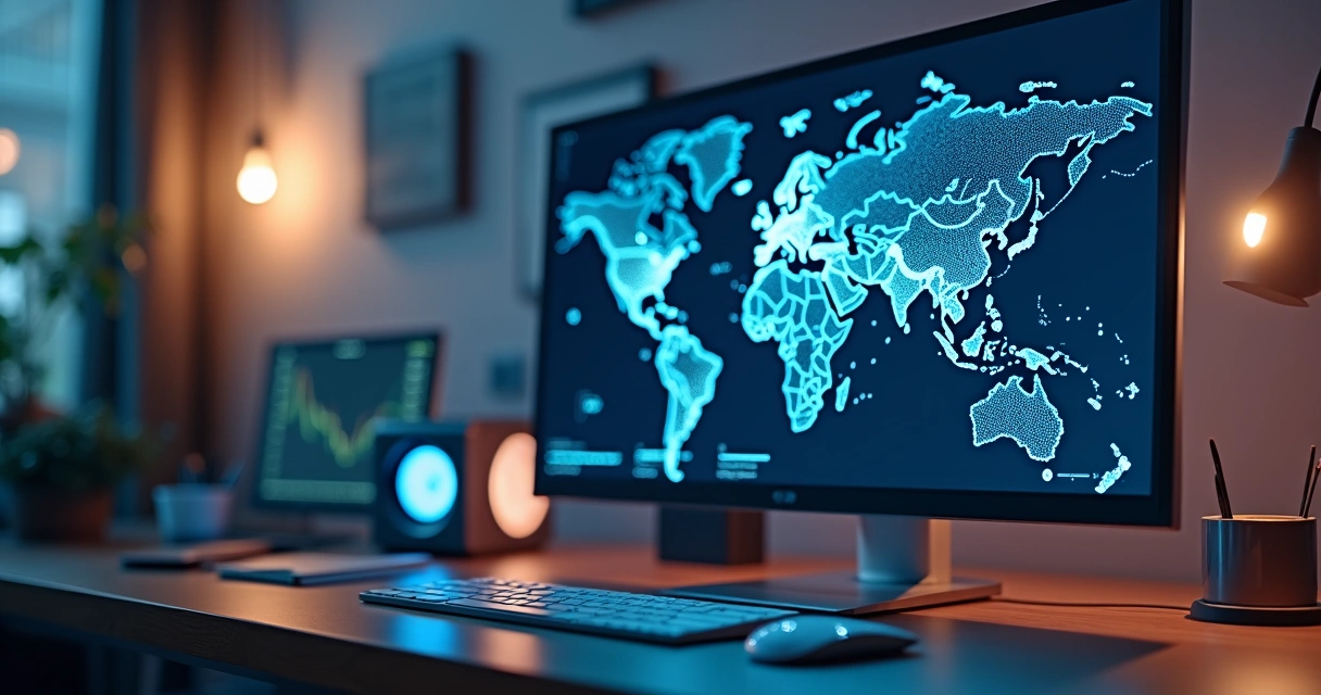 Ilustração de computador com mapa marcado e gráficos de visitas 