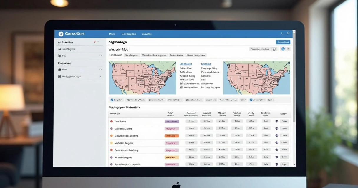 Tela de computador mostrando painel de configuração de anúncios da Meta com opções de segmentação e negativação destacadas 