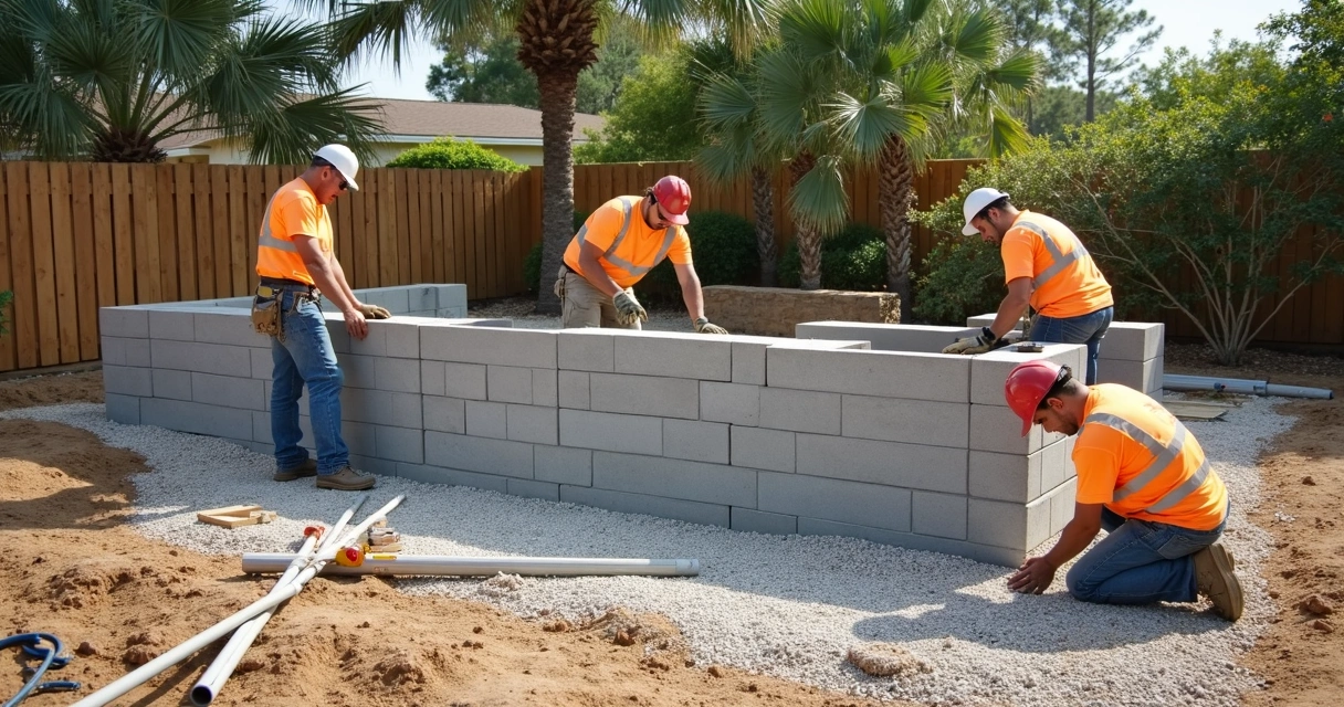 Workers building segmental retaining wall 