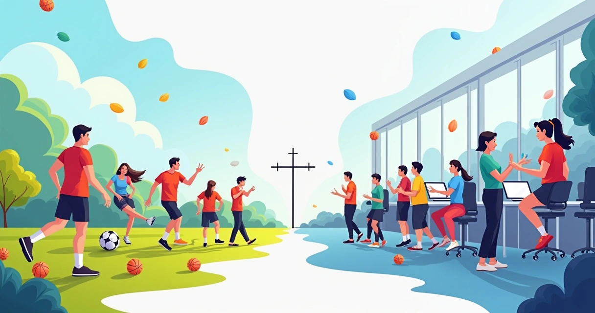 Ilustração de dois segmentos de clientes: esportes à esquerda e tecnologia à direita, mostrando diversidade de interesses.