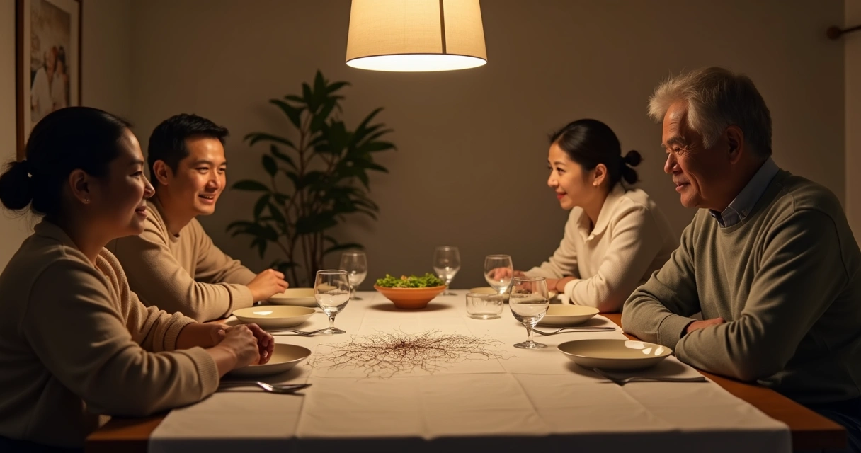 Mesa de jantar familiar com conversa agradável e sombras sugerindo tensão oculta 