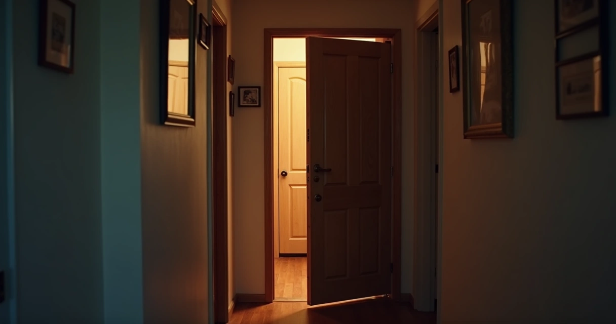 Porta de madeira fechada com luz vazando pela fresta inferior