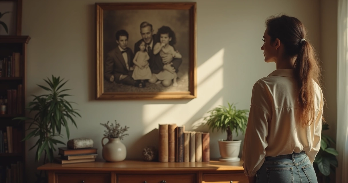 Pessoa olhando quadro de família antiga na parede 