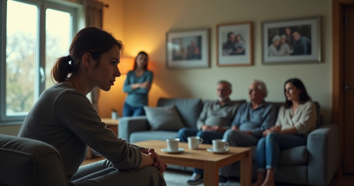 Família sentada em sala de estar com clima de tensão silenciosa 