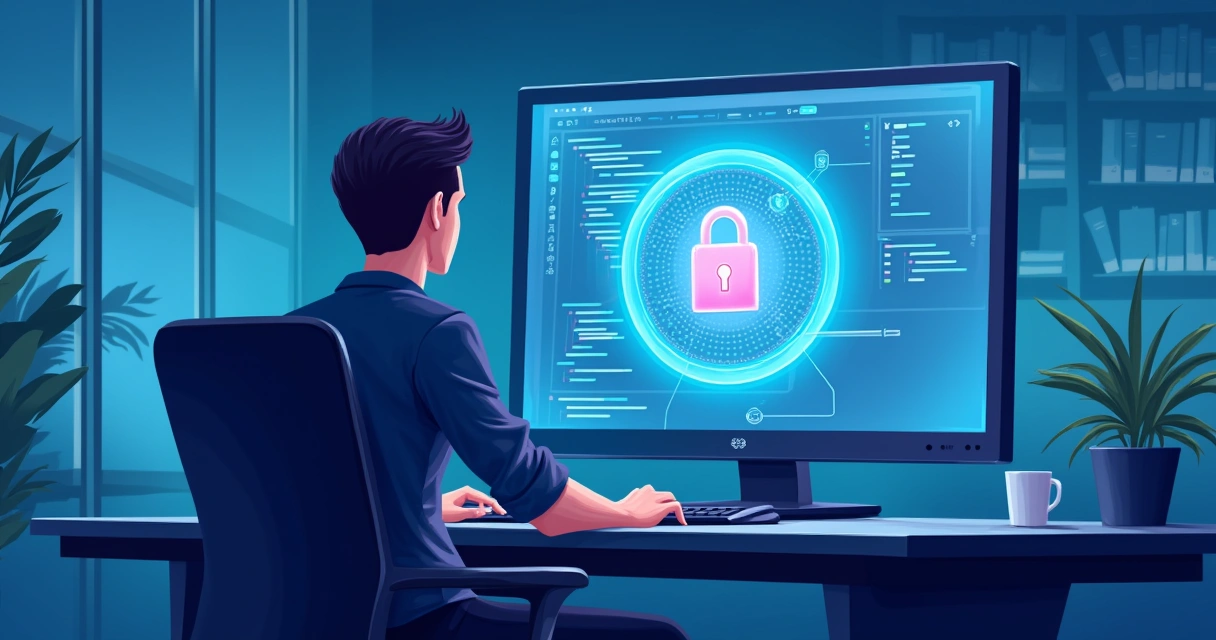 Profissional protegendo código-fonte em escritório de tecnologia 