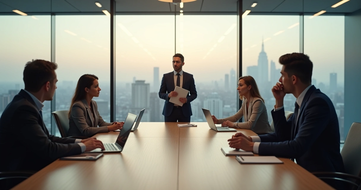 Equipe de escritório com líder à frente e colegas trocando olhares de desconfiança 