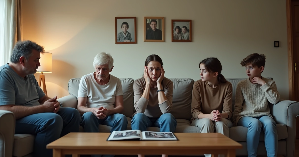 Família sentada na sala com clima tenso e sentimentos não ditos 