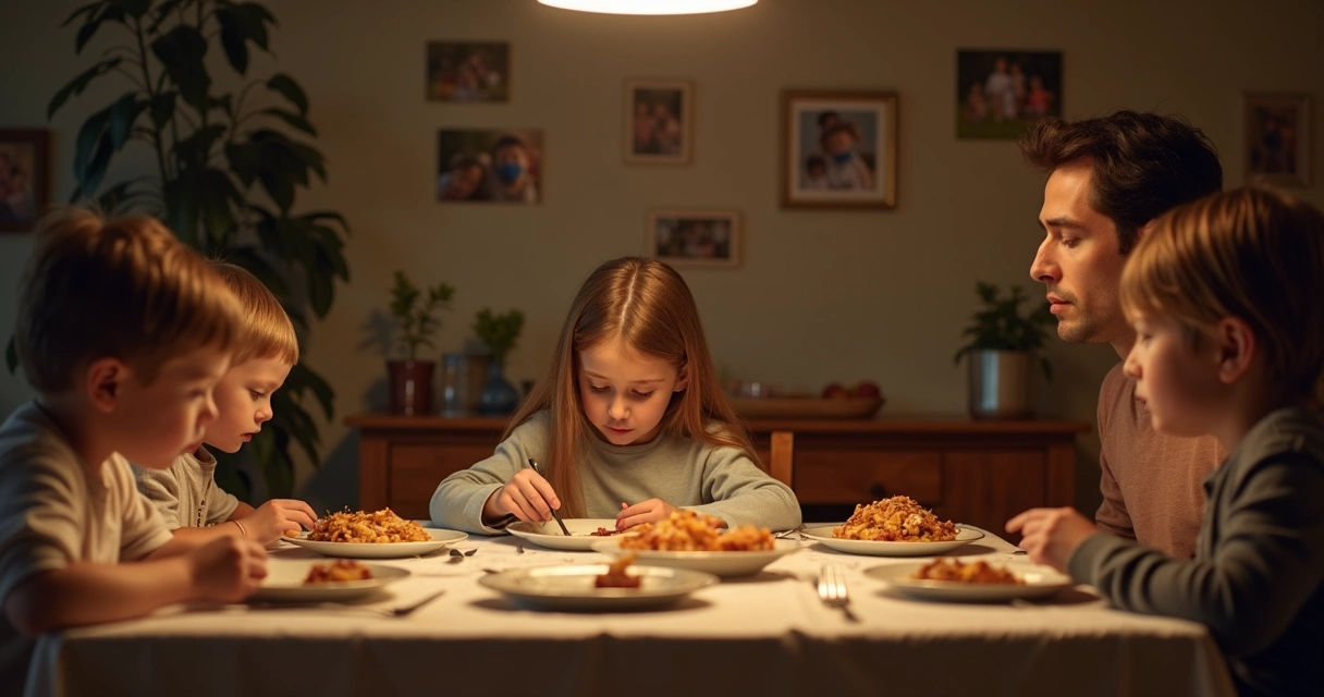 Adultos sentados à mesa olhando para baixo, em clima silencioso