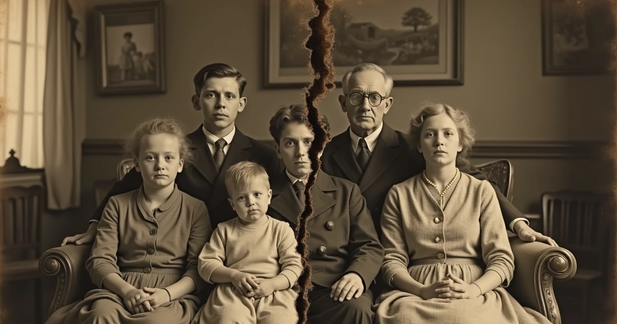 Antiga fotografia de família parcialmente rasgada ao meio