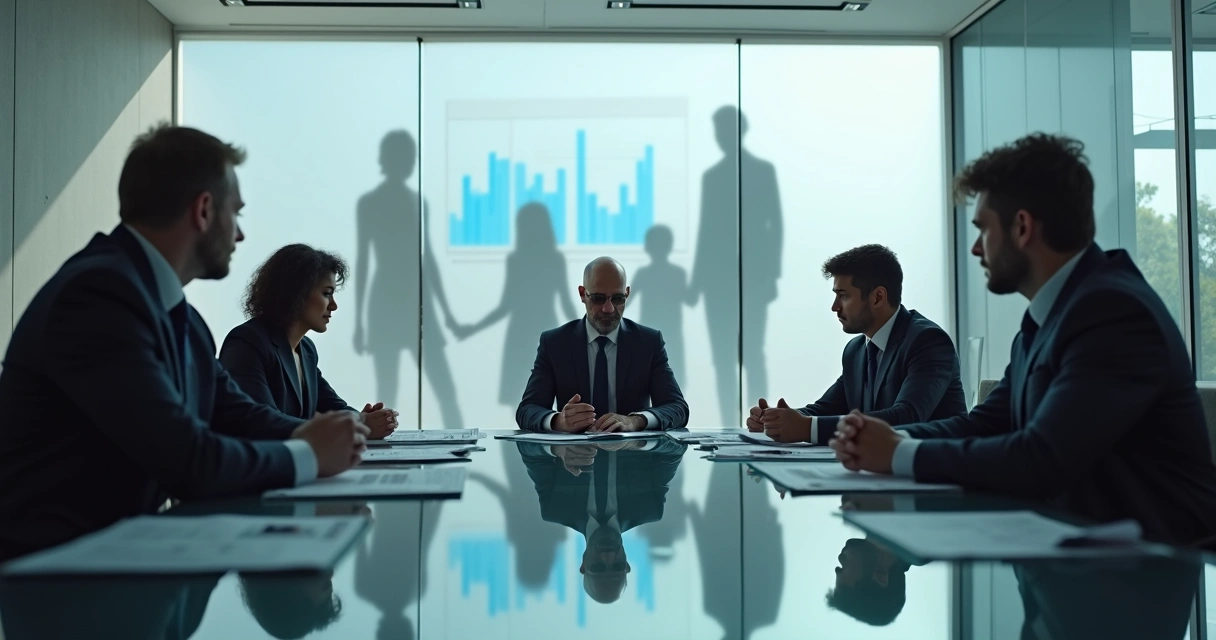 Líder empresarial em reunião com sombras de uma família ao fundo 