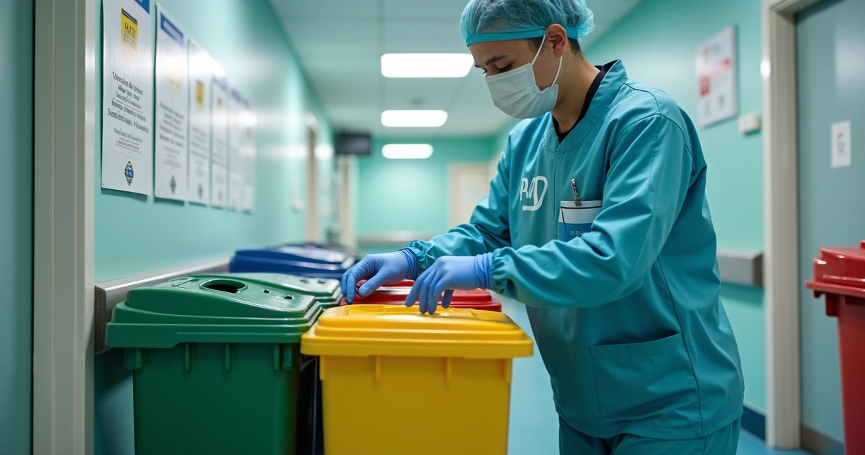 Profissionais realizando segregação de resíduos hospitalares 