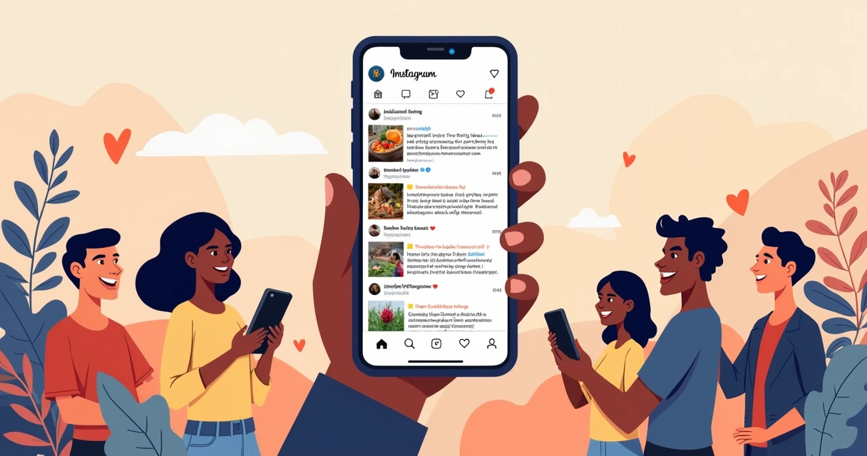 Representação de um feed do Instagram em um smartphone com postagens engajadas e interações calorosas.