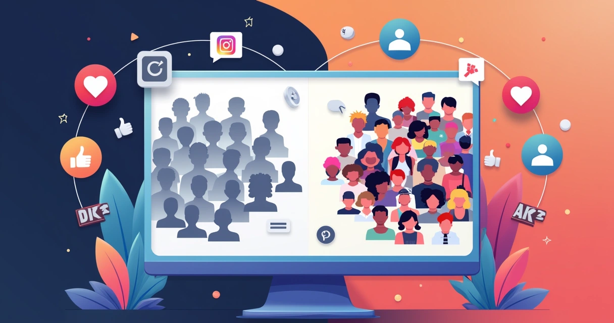 Ilustração sobre seguidores de graça, mostrando contas falsas e reais em mídias sociais.