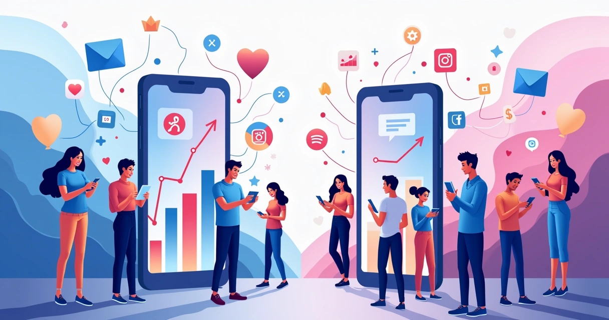 Grupo diversificado de pessoas engajadas em redes sociais com ícones de interações ao redor.