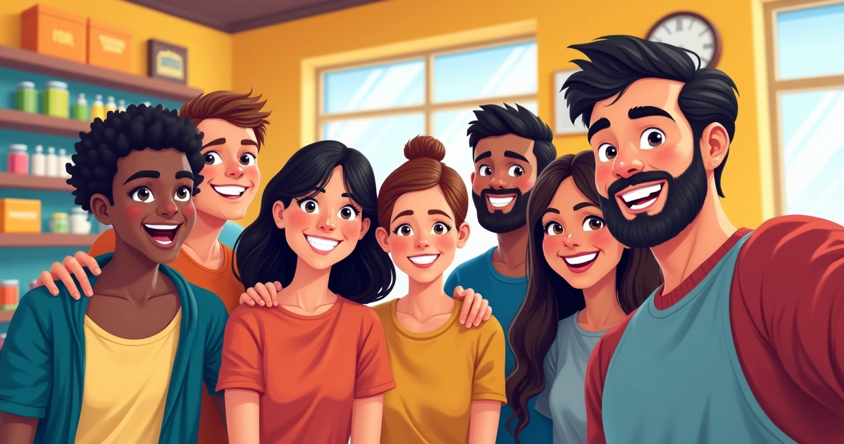 Clientes sorrindo tirando selfie em negócio local