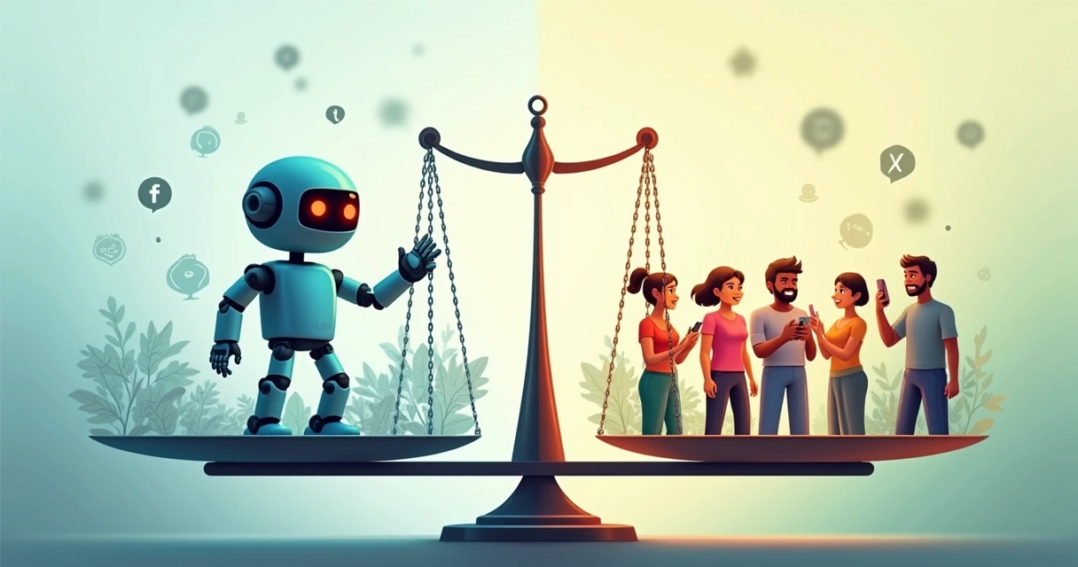 Ilustração comparando robôs de seguidores gratuitos com compra de seguidores, mostrando engajamento real e números falsos.