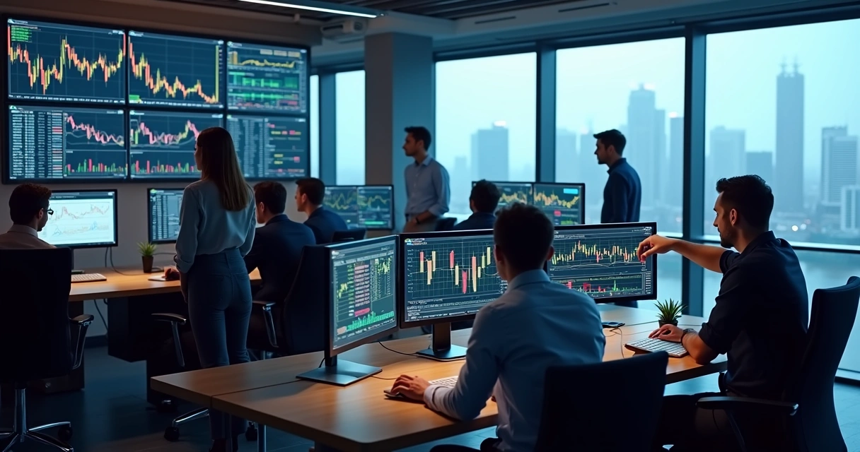 Profissionais analisando gráficos em várias telas 
