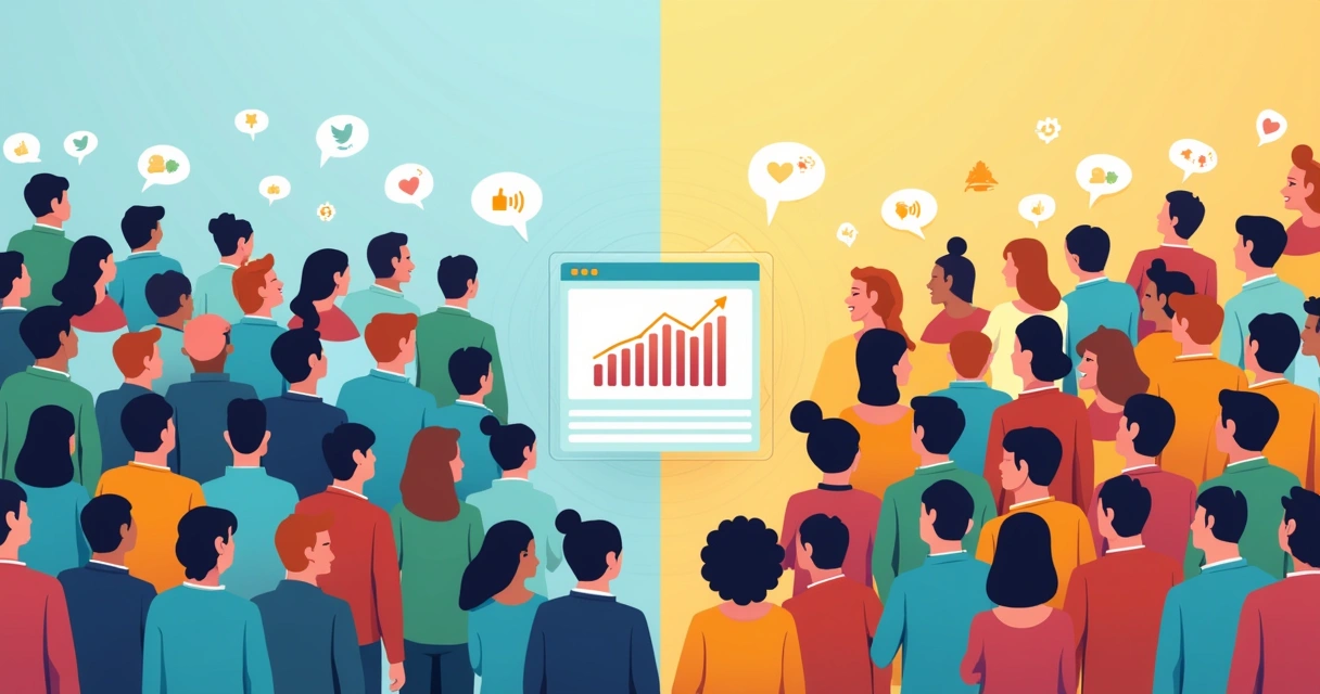 Multicolor illustration showing followers on the left and engaged community interacting on the right with digital metrics in the center.