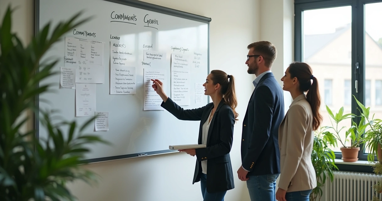 Líder y equipo revisando compromisos en pizarra