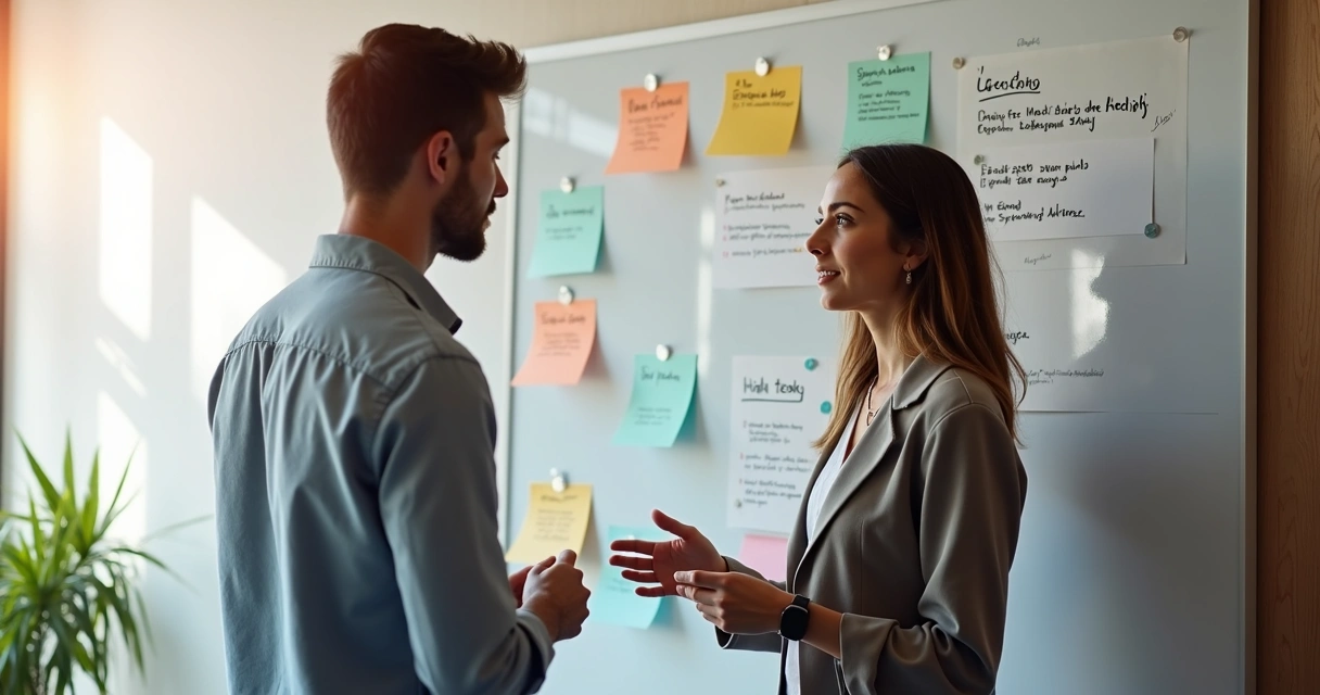 Líder revisando avances con tablero y conversación cercana