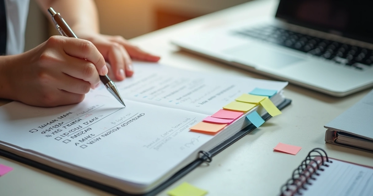 Persona organizando tareas delegadas en una libreta 