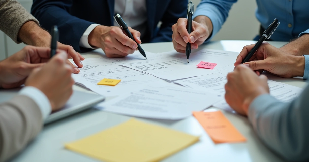Personas revisando notas y acuerdos en una reunión 