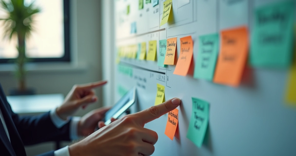 Panel visual con tareas y responsables durante una reunión de seguimiento 