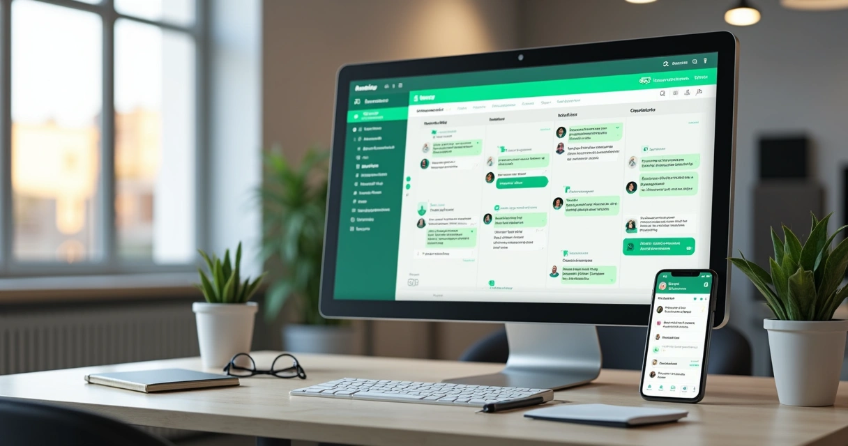 Panel de kanban digital junto a un celular con chat de WhatsApp y leads organizados por etapas de venta 