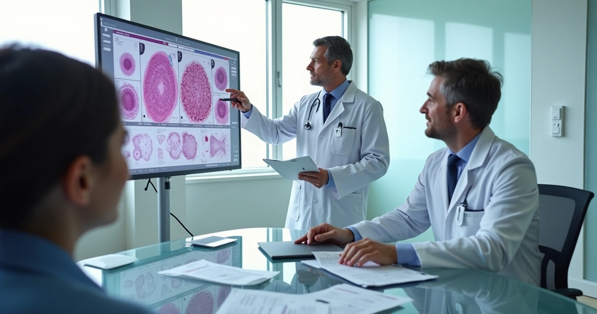 Dois hematologistas discutindo segunda opinião sobre exame em ambiente hospitalar moderno 