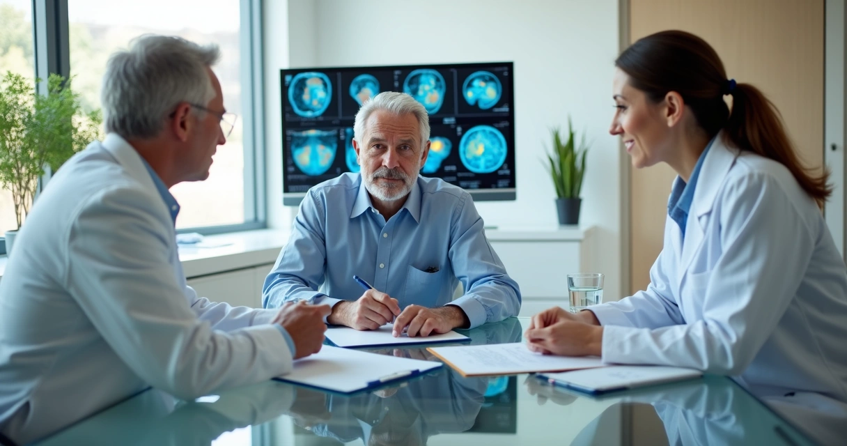 Paciente oncológico conversando com dois médicos em consultório claro 