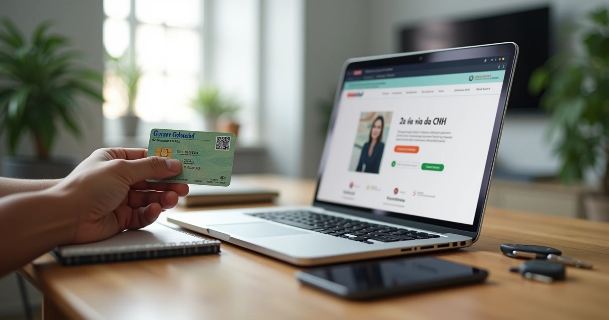 Motorista segurando CNH ao lado de notebook com site do Detran aberto 