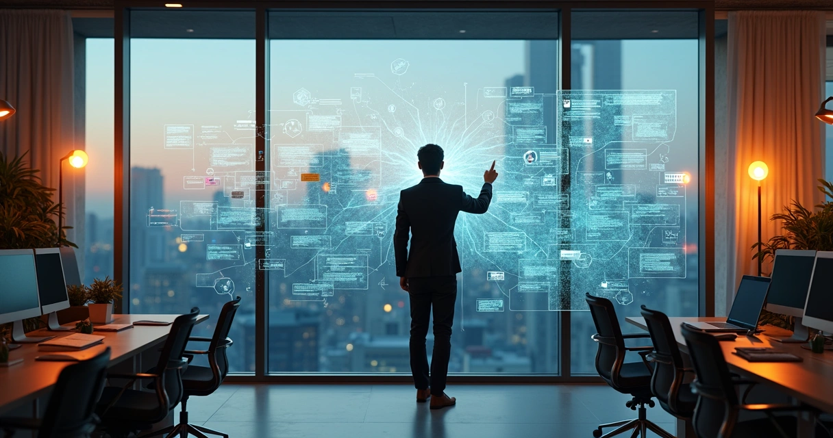 Mural digital e quadro branco ligados por circuitos representando segundo cérebro empresarial 