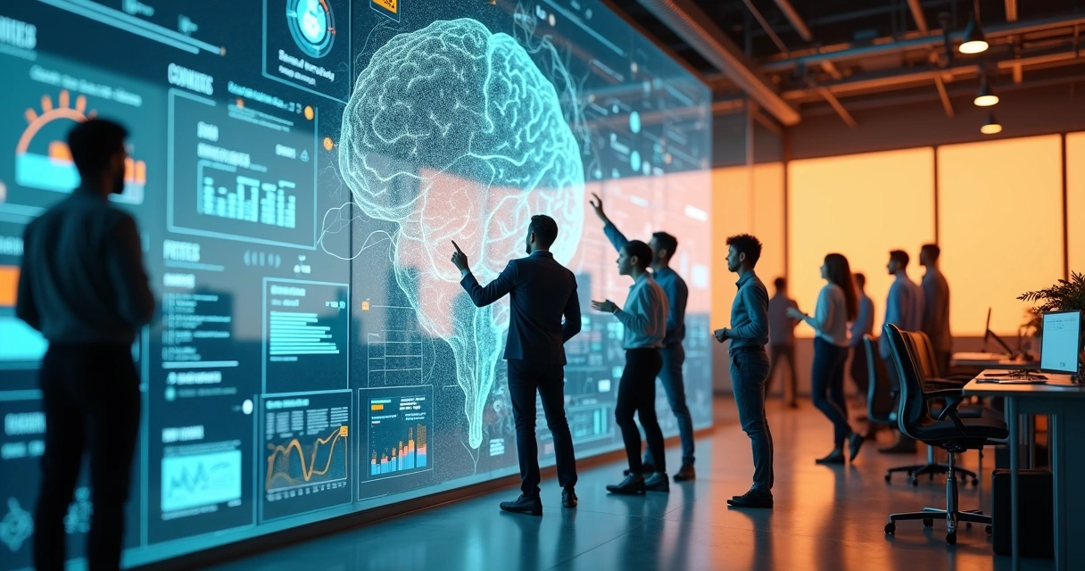 Painel digital gigante centralizado com várias pessoas colaborando ao redor 