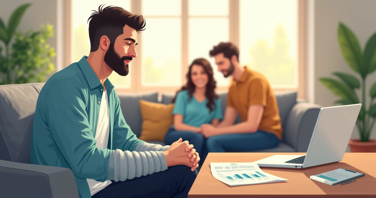 Profissional sentado em casa com o braço imobilizado, notebook ao lado, folhas de contas e família ao fundo. 