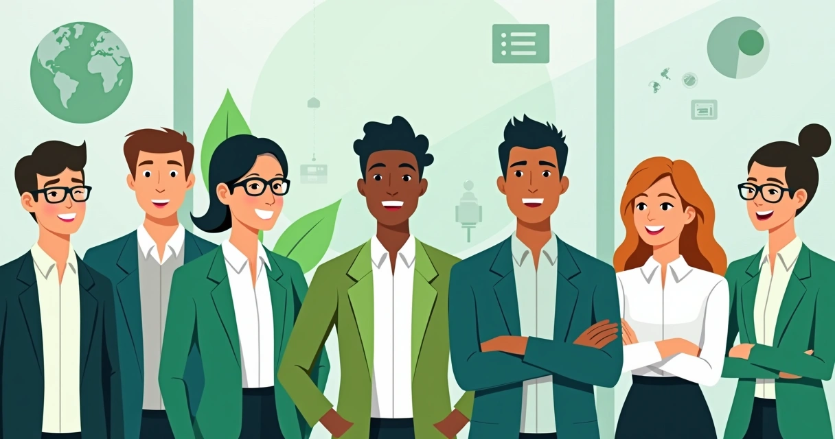 Equipe de seguradora sorrindo, com elementos gráficos verdes e um símbolo de responsabilidade social ao fundo 